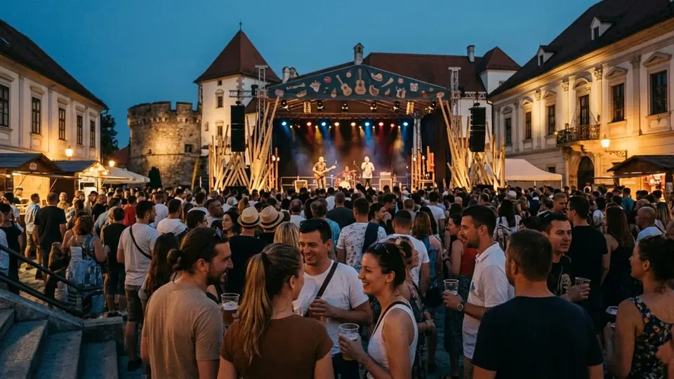 Stilizirana večernja festivalska pozornica i publika u povijesnoj jezgri Varaždina tijekom Špancirfesta