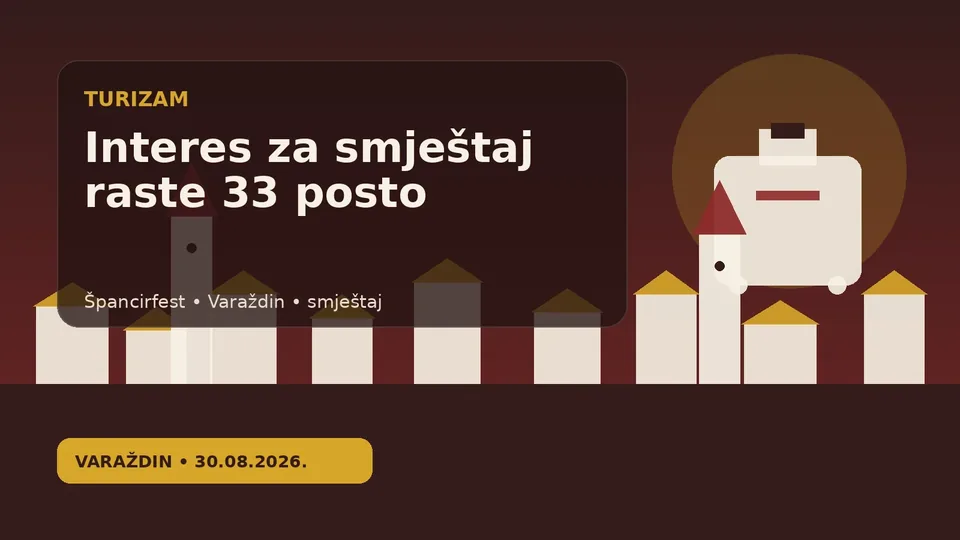 Ilustracija Varaždina s motivima smještaja, kofera i festivalskog razdoblja Špancirfesta