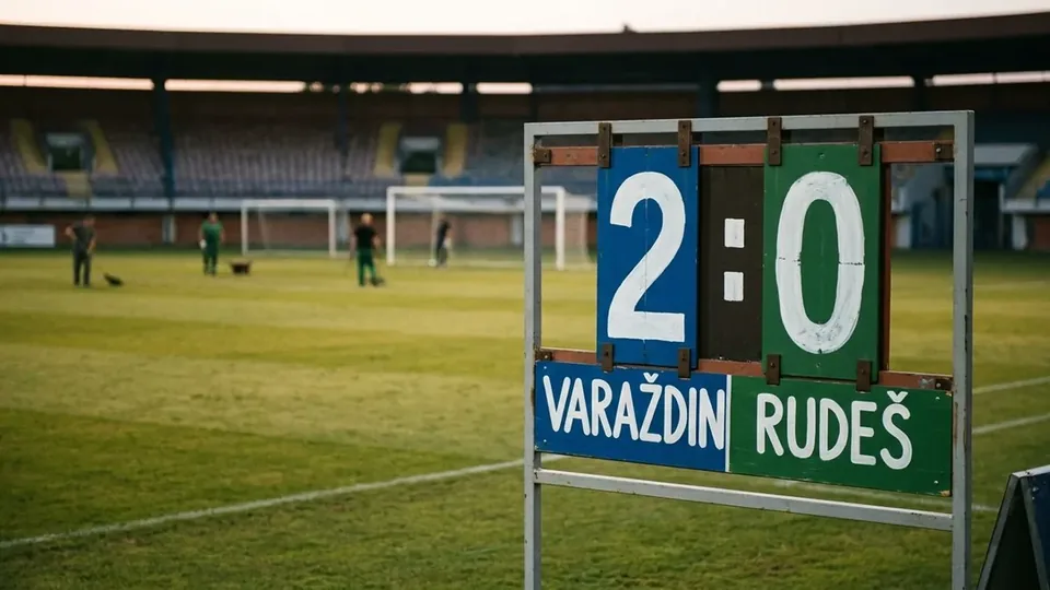 Grafički prikaz rezultata Varaždin – Rudeš 2:0 na stiliziranom nogometnom terenu