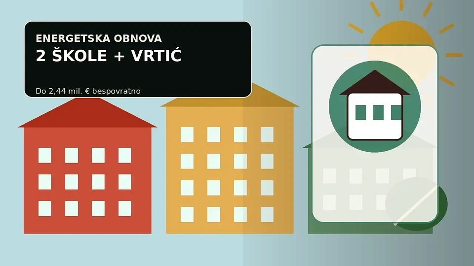 Urednička ilustracija dogradnje dječjih vrtića Dravska i Gortanova u Varaždinu s motivima gradilišta i vrtićkih prostora