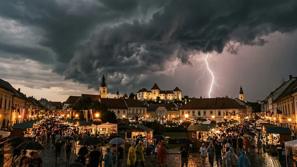 Stilizirani prikaz Varaždina nakon prolaska subotnje nestabilnosti, s vedrijim nebom uoči završnog dana Špancirfesta